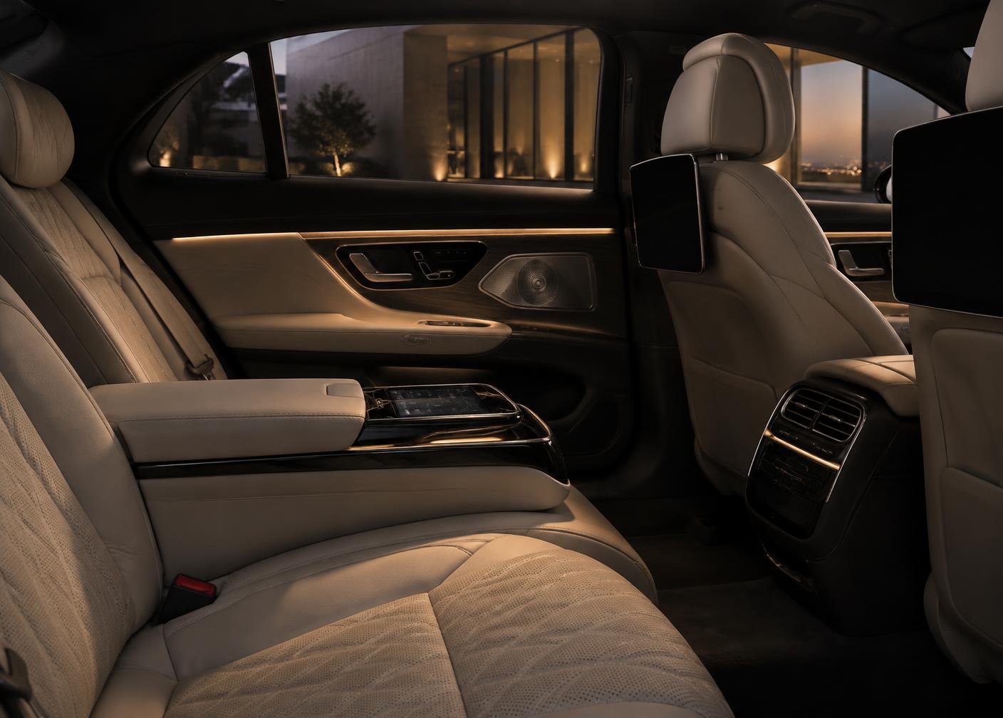 Mercedes-Benz EQS rear passenger cabin with ambient lighting